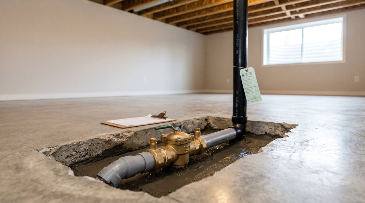 Newly installed brass and PVC backwater valve on a Calgary main sewer line, eligible for the City of Calgary backwater valve subsidy program