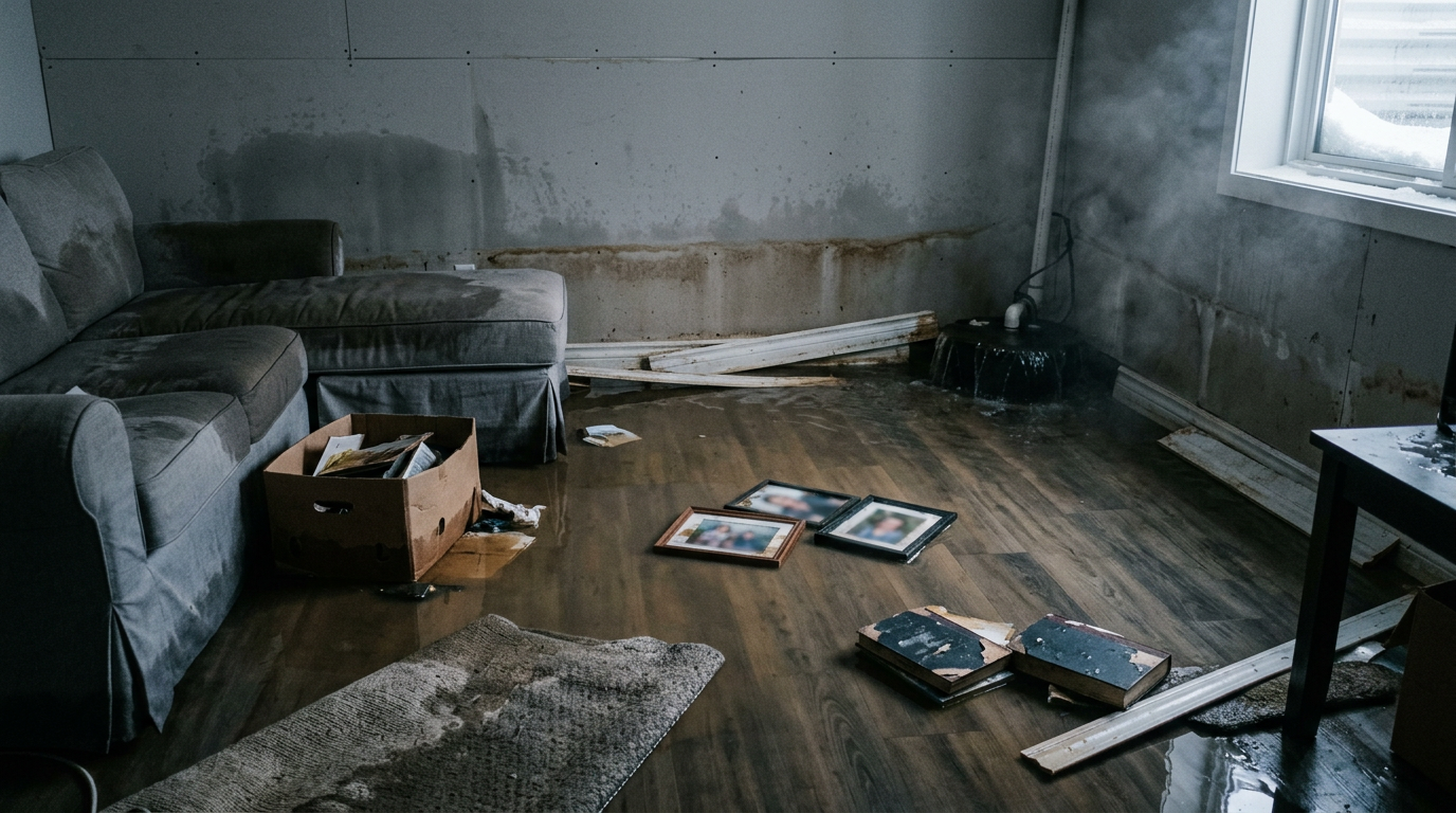 Flooded Calgary basement with several centimetres of standing water, soaked drywall and damaged household contents after a spring thaw