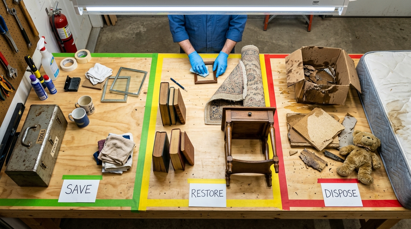 Restoration technician sorting flooded contents on a workbench into Save, Restore and Dispose zones using gloved hands