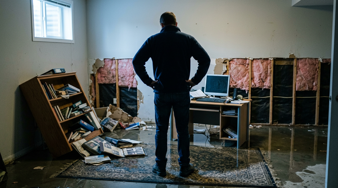 Calgary homeowner standing in a flooded basement looking at soaked photo albums and damaged office furniture, viewed from behind