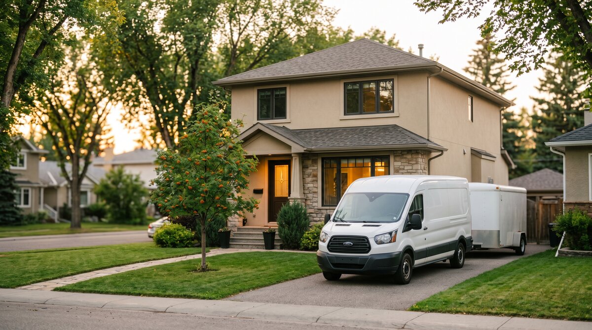 White restoration response van and equipment trailer parked in the driveway of a two-storey Calgary home at golden hour, suggesting a 24/7 emergency water damage response.