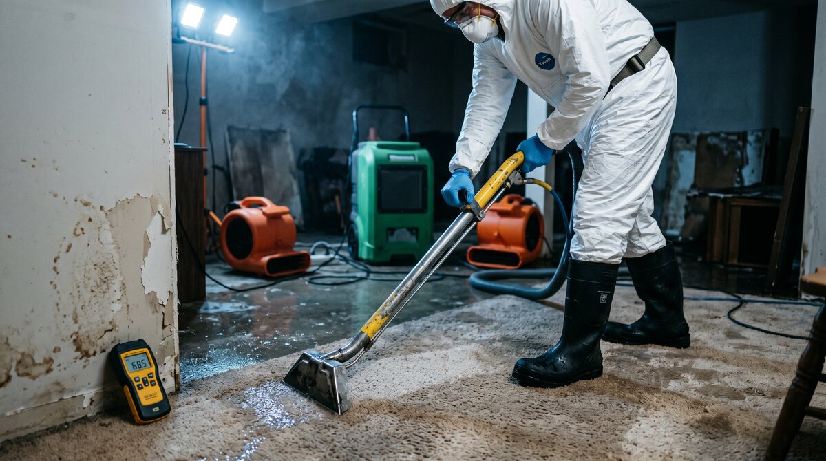 IICRC-certified water damage restoration technician in full Tyvek PPE and respirator using a truck-mount extraction wand on soaked carpet in a flooded Calgary basement.