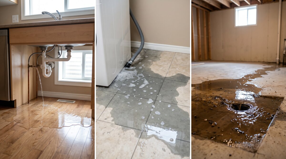 Side-by-side triptych showing IICRC Category 1 clean water leak under a Calgary kitchen sink, Category 2 grey water from a washing machine overflow, and Category 3 black water sewer backup in a Calgary basement.