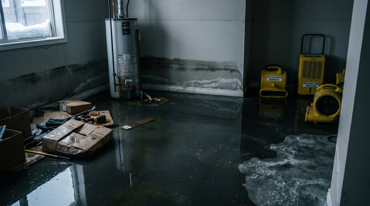 Sewer Backup Cleanup Calgary — Flooded Basement Flooded basement with dark sewer water around floor drain and water heater in a Calgary suburban home