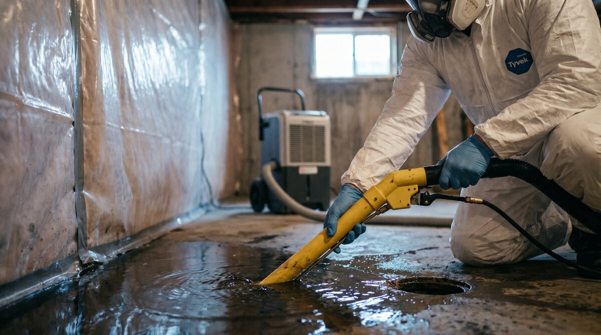 Calgary restoration technician in Tyvek and respirator using commercial extraction wand to remove sewer water from a basement near a floor drain