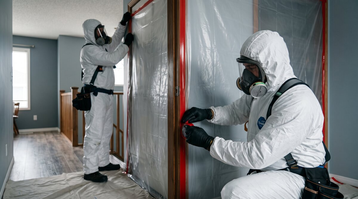 Cleanup technicians in protective hazmat suits and respirators setting up containment inside a Calgary home