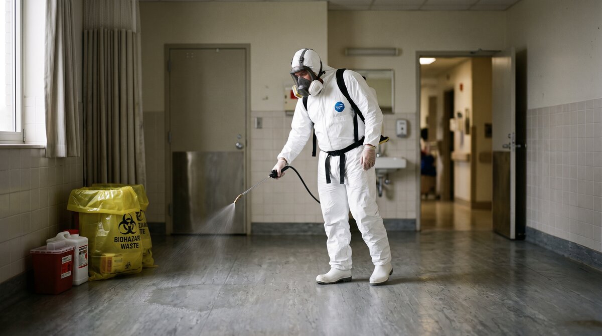 Technician in protective gear disinfecting a room with professional equipment beside labelled biohazard waste containers
