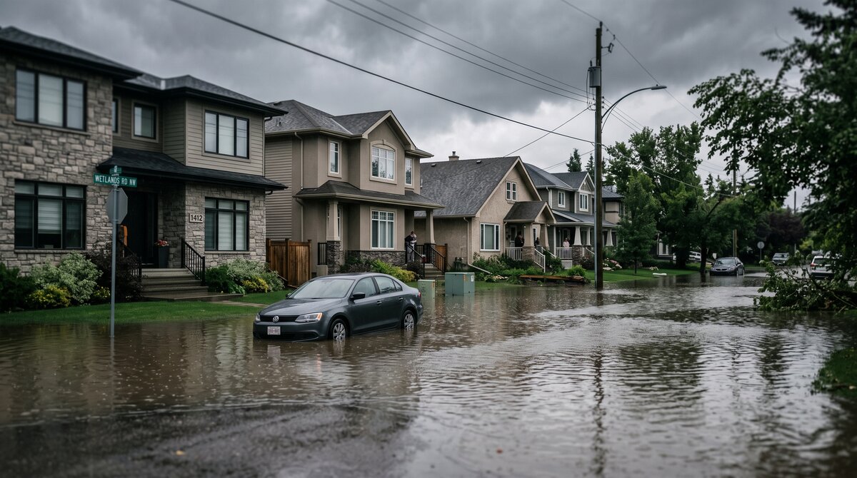 Overland flood water pooling across a Calgary residential street and lawns up against homes after a heavy storm