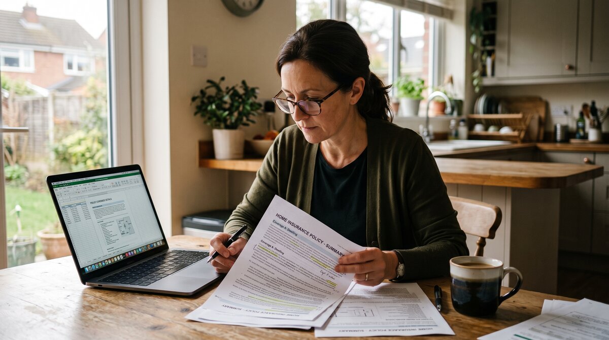 Calgary homeowner reviewing home insurance policy documents on a laptop at the kitchen table before flood season