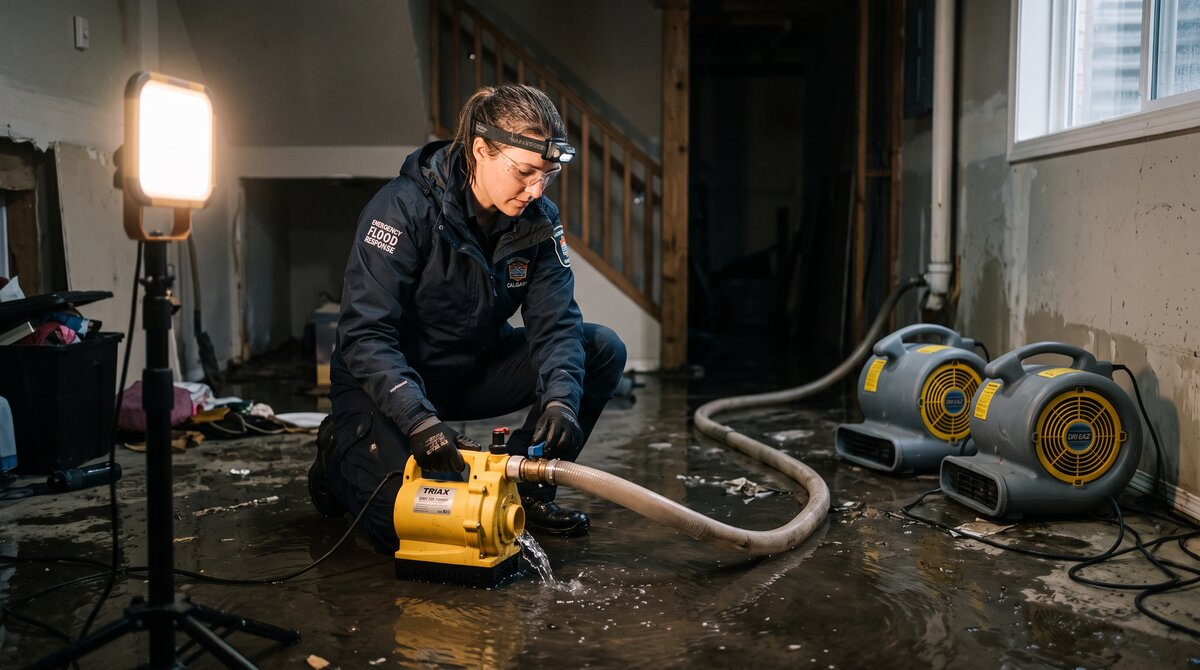 Restoration technician extracting water and running air movers in a flooded Calgary basement during emergency response