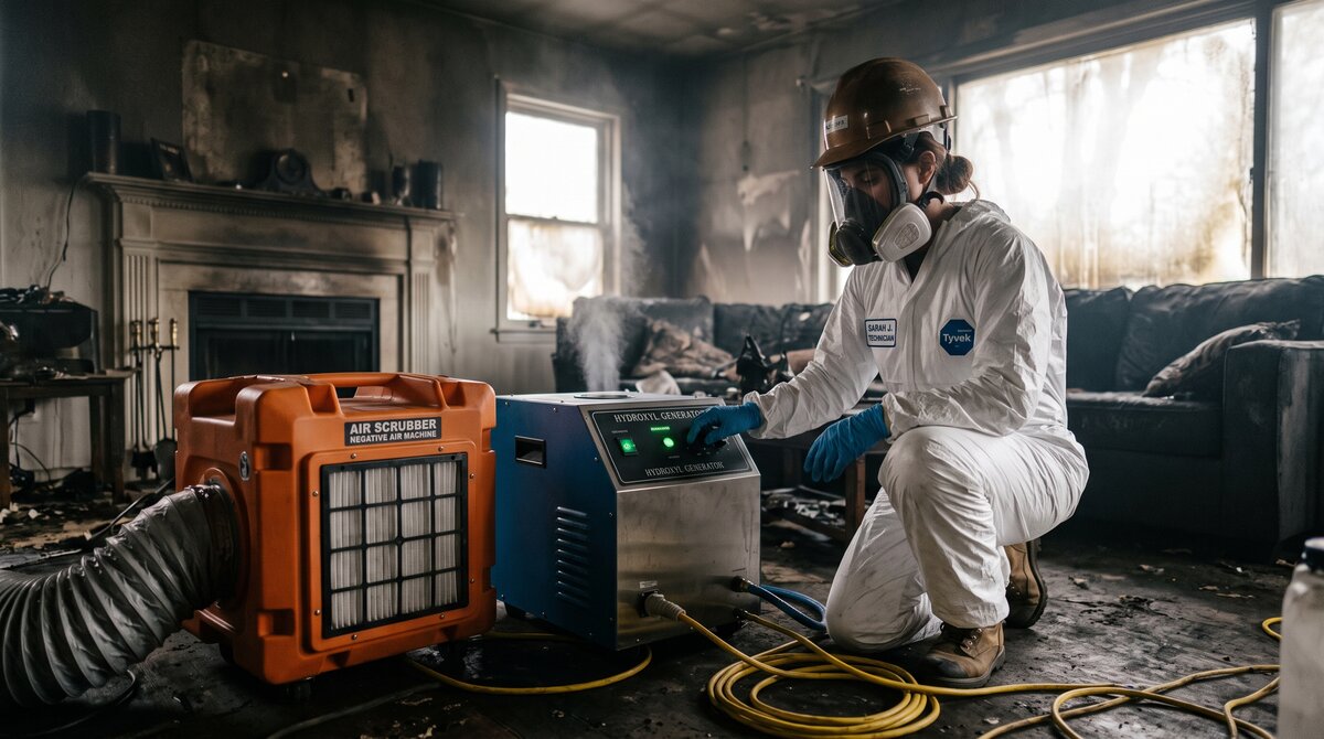 Restoration technician operating hydroxyl and HEPA air-treatment equipment for smoke smell removal in a Calgary home