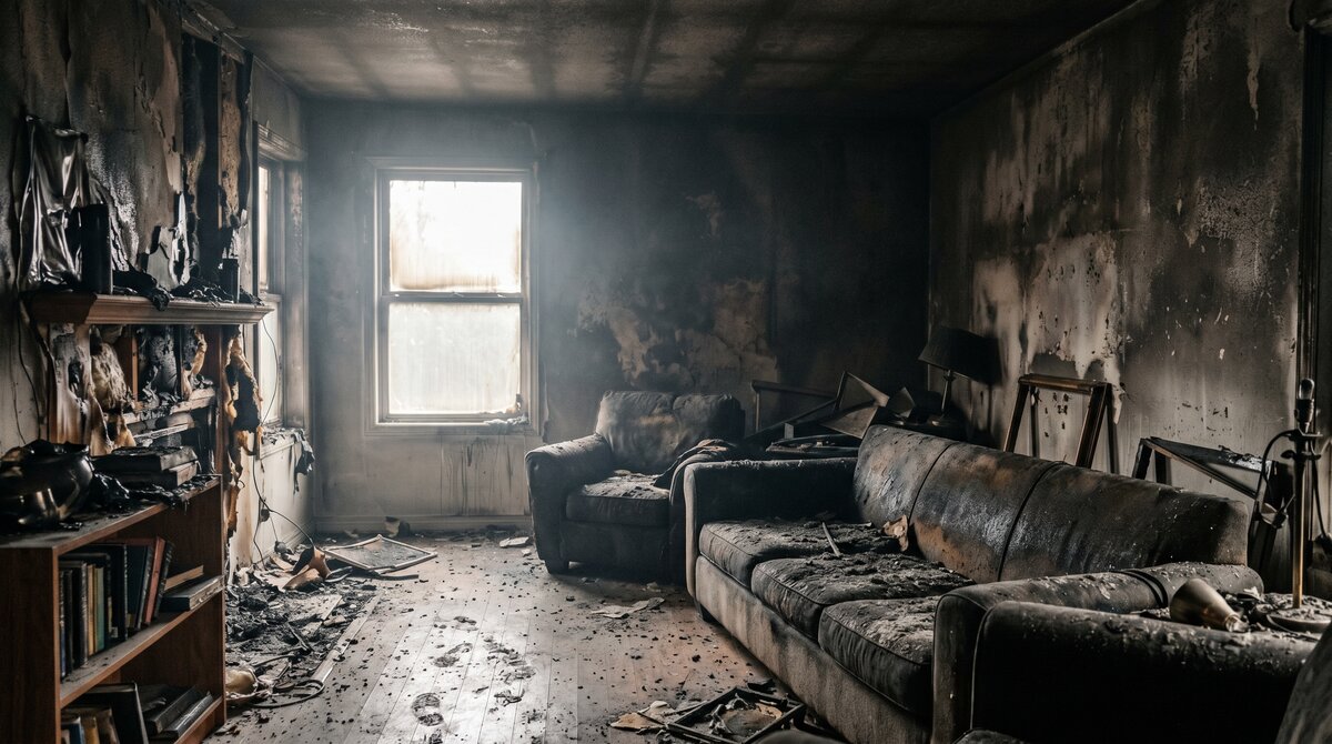 Soot-stained walls and ceiling inside a Calgary home after a house fire, where smoke smell removal is needed