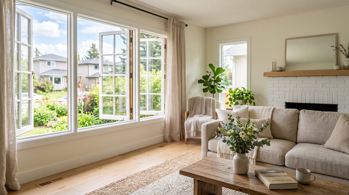 Clean, fresh, fully restored Calgary living room after professional smoke smell removal, bright with open windows