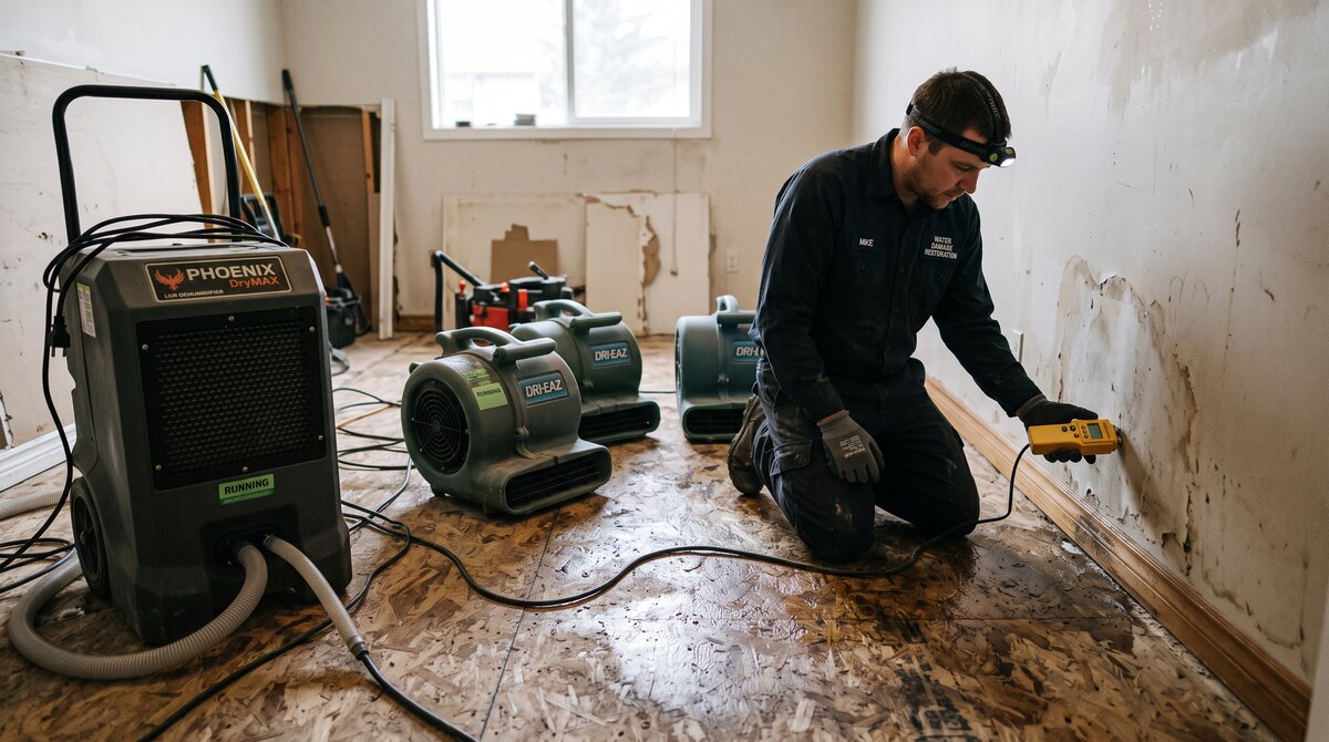 Commercial air movers and a dehumidifier drying a water-damaged Calgary room while a technician checks a moisture meter