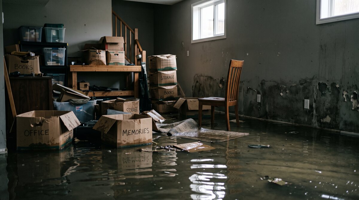 Flooded Calgary Basement Water Damage Flooded Calgary basement with standing water and soaked belongings, where water damage drying time depends on a fast response