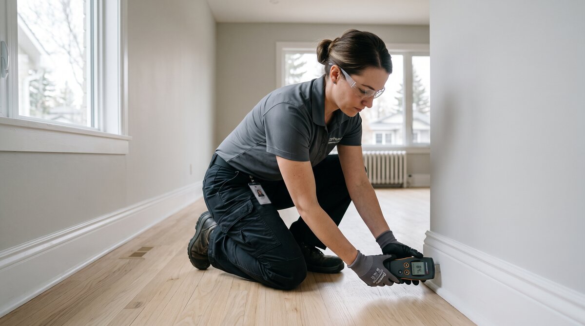Restoration technician using a moisture meter on a baseboard to verify a Calgary home is fully dry after water damage
