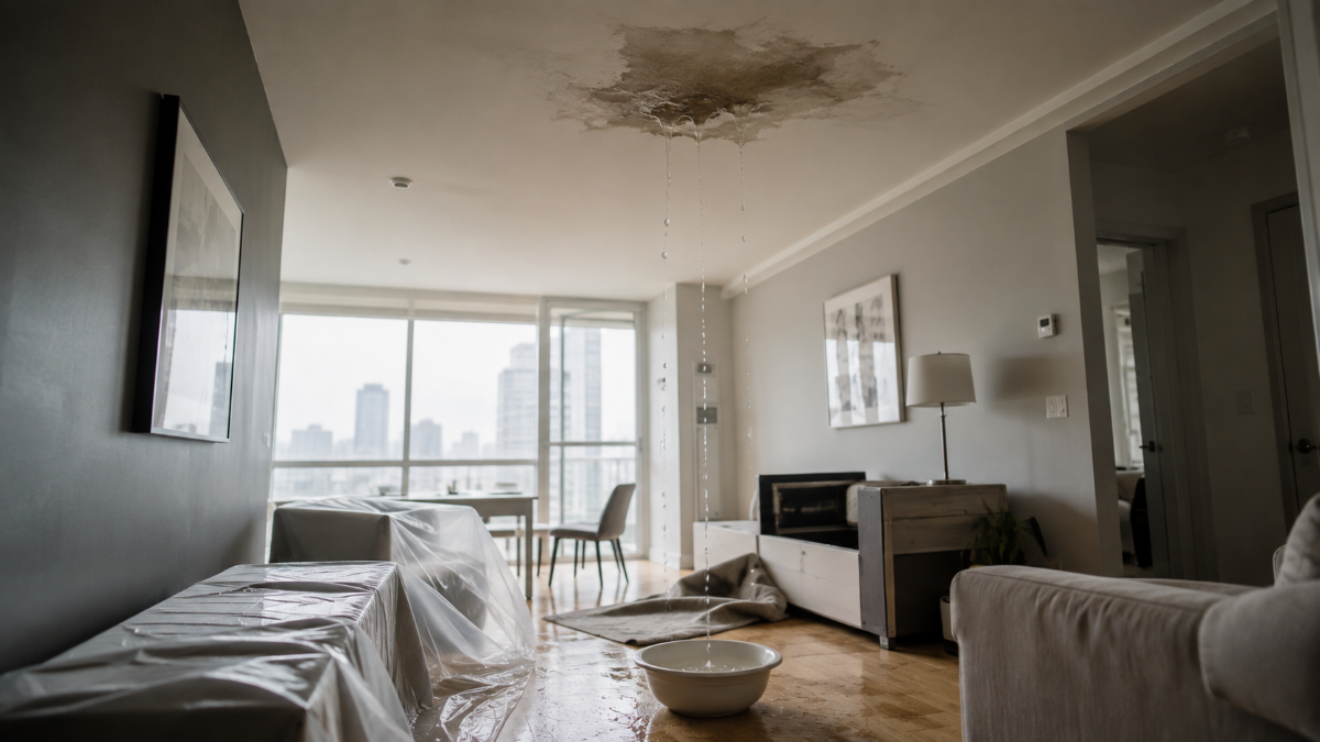 Water stain spreading across a condo ceiling with drips collecting in a bowl on the floor after a leak from the unit above