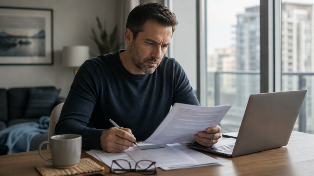 Condo owner reviewing insurance policy documents and coverage limits at a table with a laptop before renewal