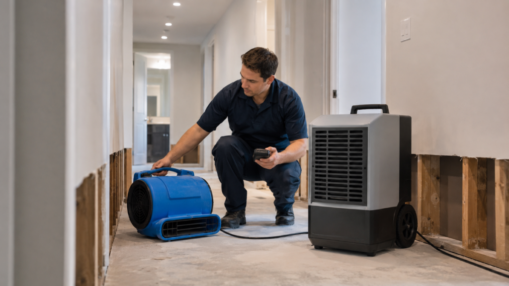 Restoration technician setting up air movers and a dehumidifier in a condo hallway with baseboards removed after water damage