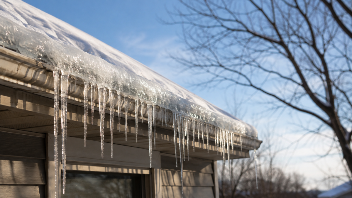 Ice Dams on a Calgary Roof Thick ice dam and long icicles built up along the eaves of a Calgary house roof after a winter freeze-thaw cycle