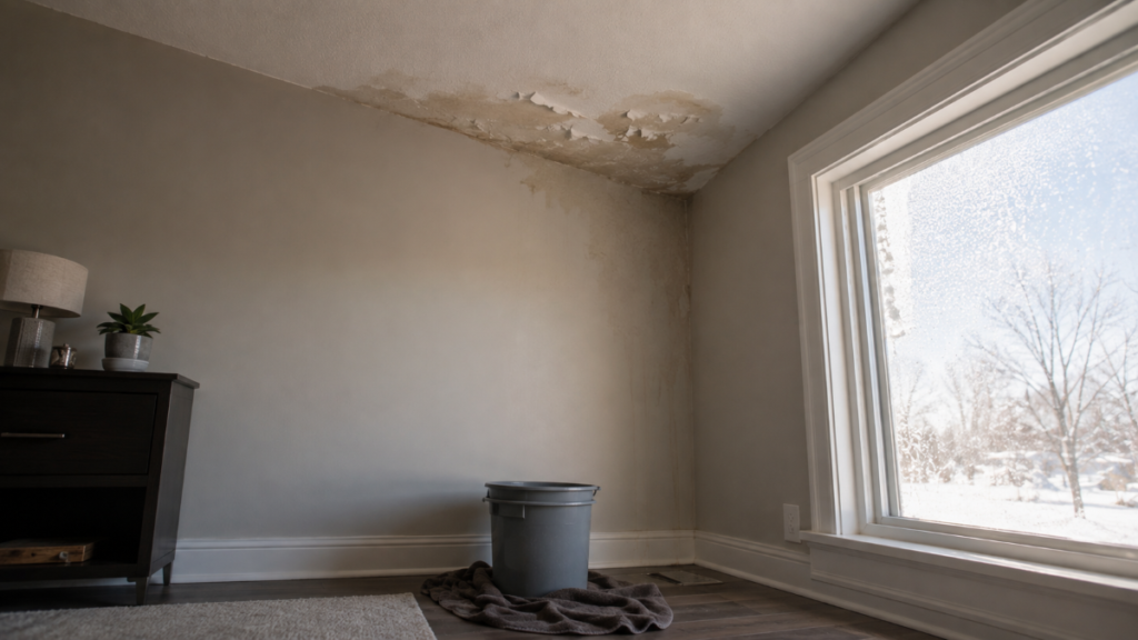 Water stain and bubbled paint on an interior ceiling near an exterior wall caused by an ice dam leak in winter