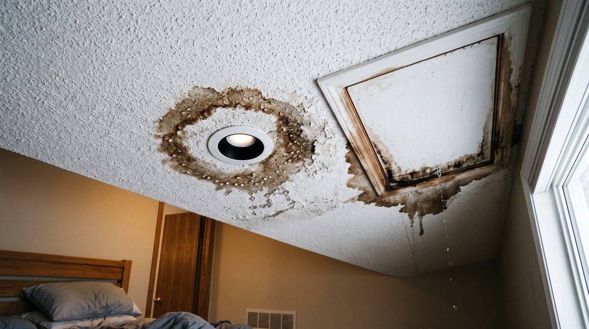 Brown water stains and drips on a textured ceiling around a recessed light fixture and attic hatch caused by attic rain