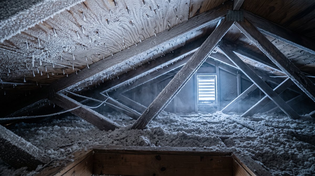 Thick frost coating the roof sheathing, nail tips and trusses inside a Calgary attic during a winter cold snap