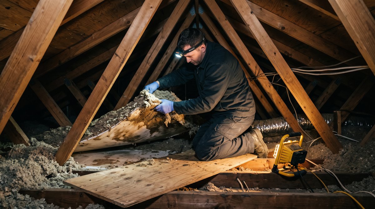 Restoration technician with a headlamp lifting wet, matted blown insulation inside an attic to inspect the ceiling below