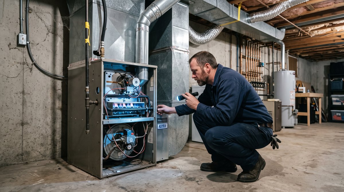 HVAC technician crouched at an open natural gas furnace inspecting the burners with a flashlight in a basement