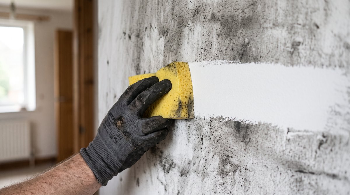 Gloved hand cleaning soot from a white wall with a dry chemical sponge, revealing a clean stripe through the residue