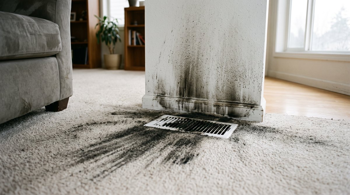 Black soot streaks fanning out from a floor heating register across carpet and up the wall after a furnace puff back