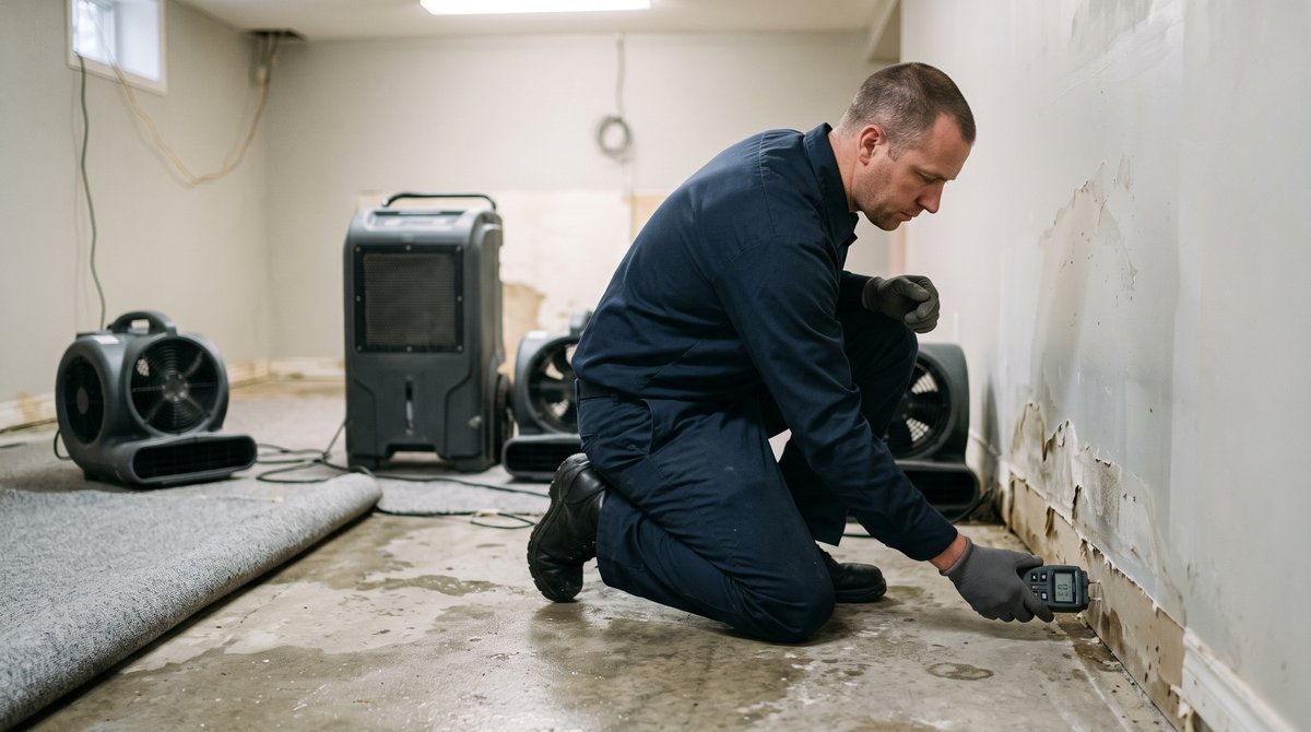 Restoration technician checking a basement wall with a moisture meter while air movers and a dehumidifier dry the floor