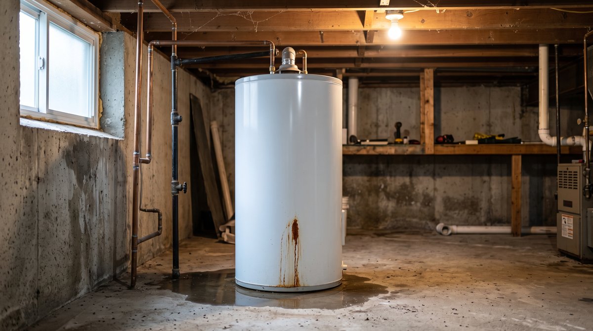 Residential hot water tank leaking in a Calgary basement, water pooling across the concrete floor below it