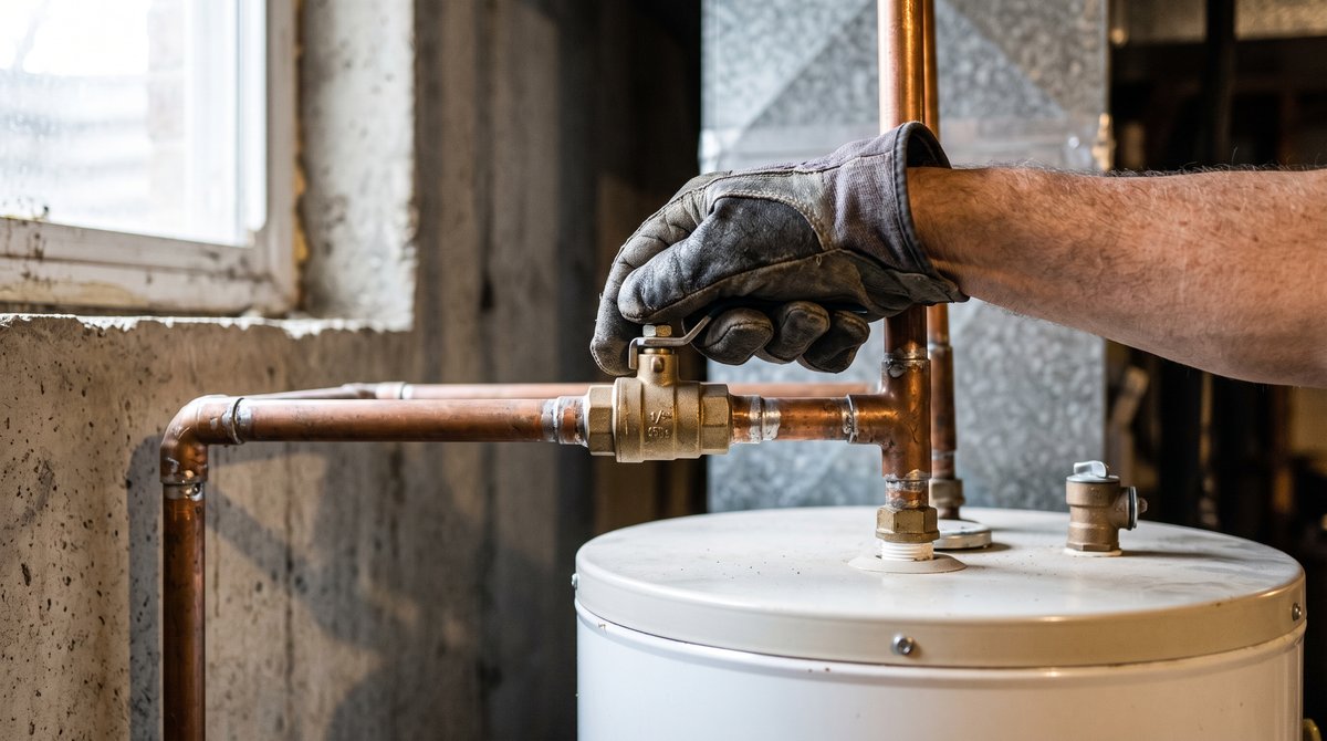 Gloved hand turning the cold water shut-off valve on the copper supply pipe above a leaking hot water tank