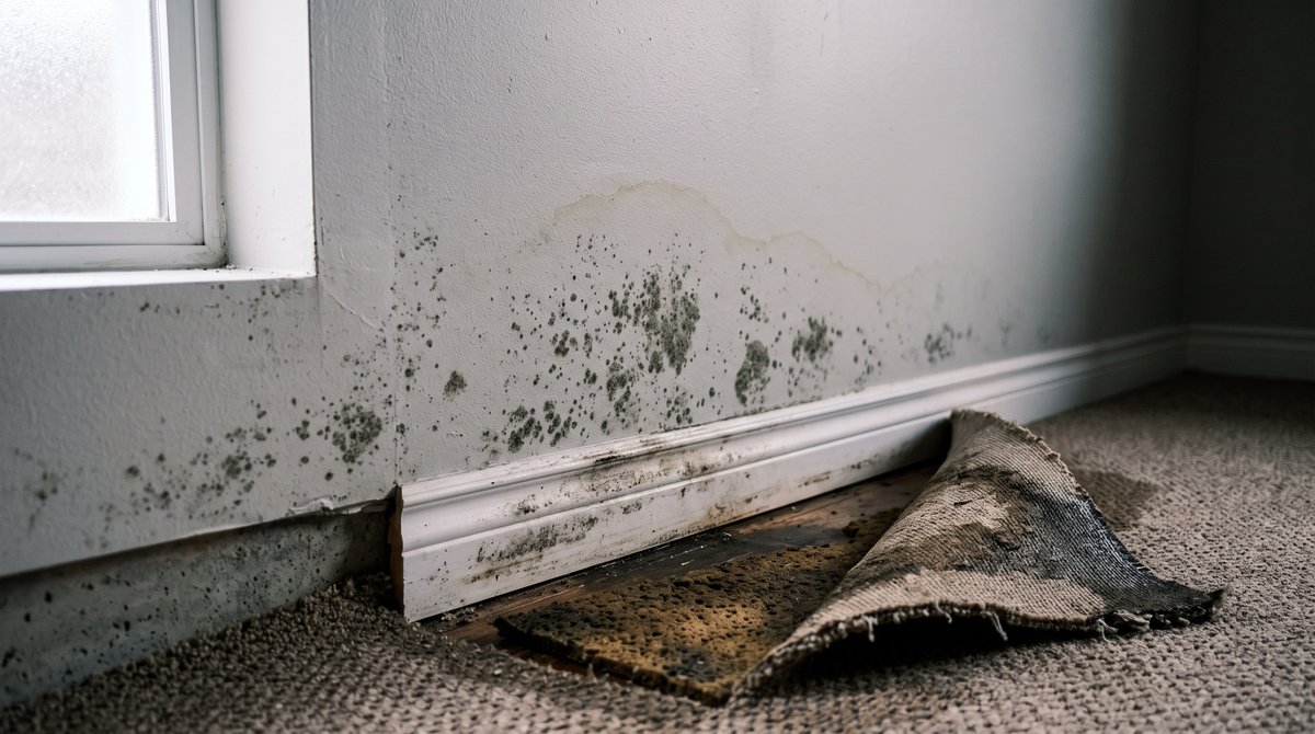 Early Mould Growth After Water Damage in a Basement Early mould growth spreading along a basement wall and baseboard above wet carpet after water damage