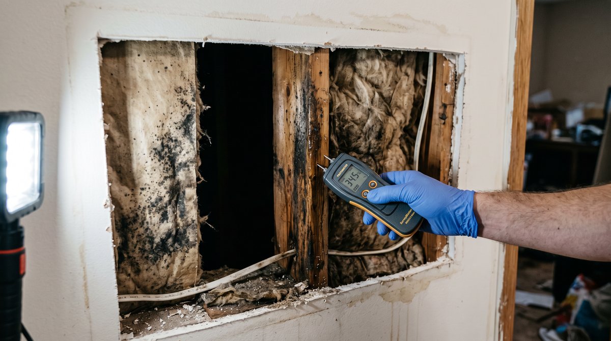 Mould Inside a Wall Cavity After a Water Leak Opened wall cavity showing mould on wet insulation and studs, with a moisture meter held against the framing