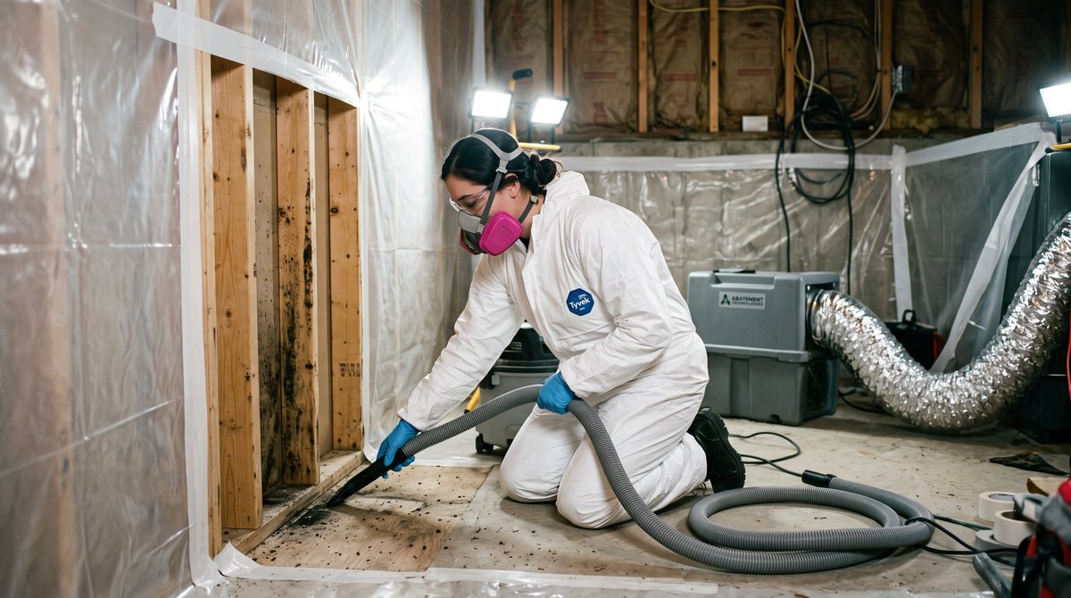 Professional Mould Remediation in a Calgary Basement Mould remediation technician in a respirator and coverall HEPA vacuuming wall studs inside a plastic containment